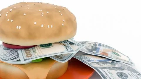 A 3d rendering of burger with dollar bills filling Stock Illustration
