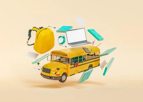 3D rendering of bus and school supplies Stock Illustration
