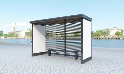 3D rendering of a bus stop with blank frames for your images/text/art Illustrazione stock
