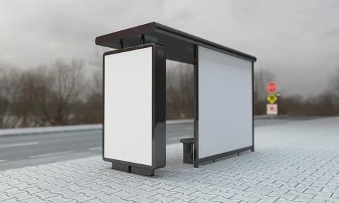 3D rendering of a bus stop with blank frames for your images/text/art 스톡 일러스트