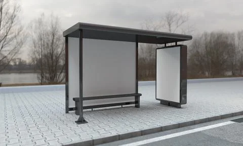3D rendering of a bus stop with blank frames for your images/text/art Stock Illustration