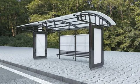 A 3D rendering of a bus stop with empty advertising boards for your images or Illustrazione stock