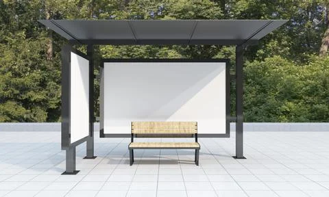 A 3D rendering of a bus stop with empty advertising boards for your images or Illustrazione stock