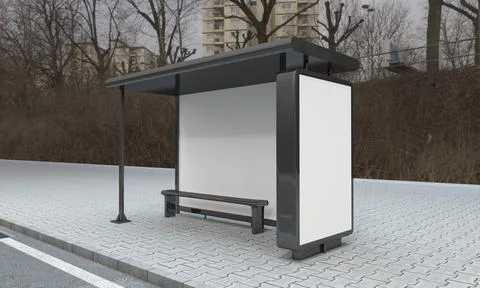 A 3D rendering of a bus stop with empty advertising boards for your images or Illustrazione stock