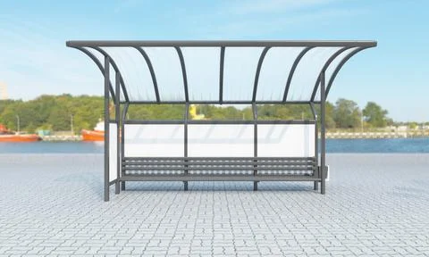 A 3D rendering of a bus stop with empty advertising boards for your images or Illustrazione stock