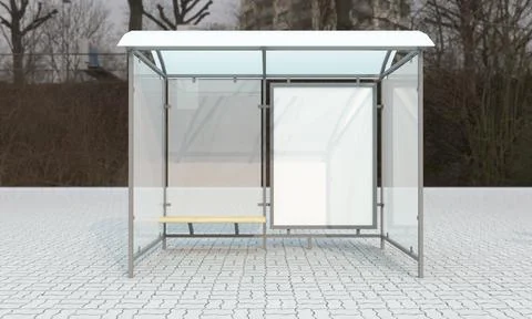 A 3D rendering of a bus stop with empty advertising boards for your images or Illustrazione stock