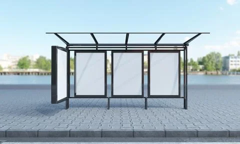 A 3D rendering of a bus stop with empty advertising boards for your images or Illustrazione stock