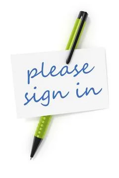 3d rendering of a business card and a ball pen and the text please sign in Stock Illustration