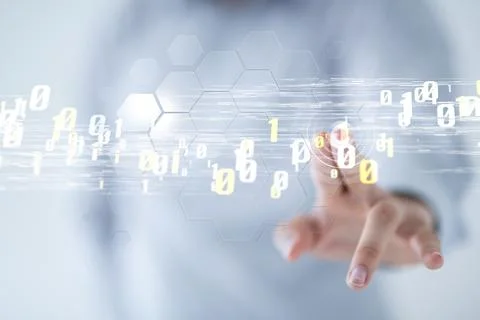 A 3D rendering of a businessman pointing on binary codes icons - digital comm 스톡 사진