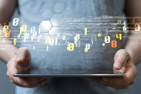 3D rendering of a businessman pressing binary codes over a mobile phone Foto stock
