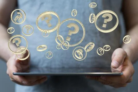 3D rendering  of a Businessman solving a problem with digital question marks Illustrazione stock