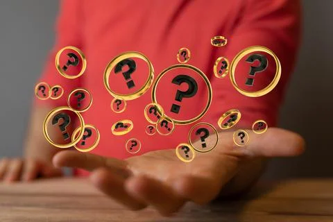 3D rendering of a Businessman solving a problem with digital question marks Stock Photos