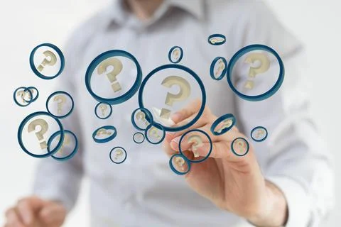 3D rendering  of a Businessman solving a problem with digital question marks Stock Photos