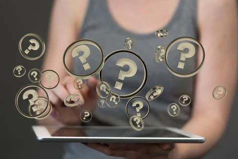 3D rendering  of a Businessman solving a problem with digital question marks Stock Photos