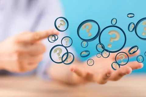 3D rendering  of a Businessman solving a problem with digital question marks Stock Photos