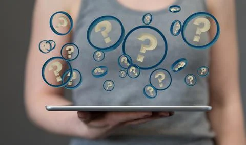 3D rendering  of a Businessman solving a problem with digital question marks Stock Photos