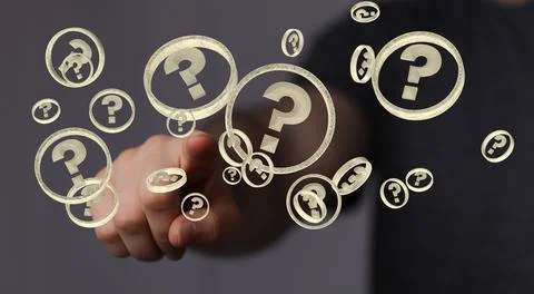 3D rendering  of a Businessman solving a problem with digital question marks Stock Photos