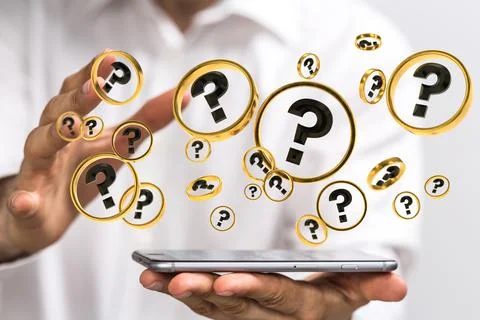 3D rendering  of a Businessman solving a problem with digital question marks Stock Photos