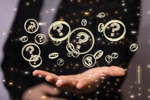 3D rendering  of a Businessman solving a problem with digital question marks Stock Photos