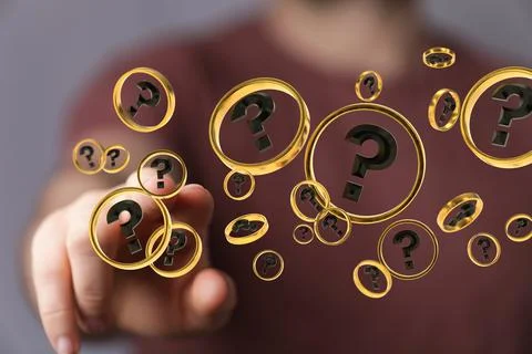 3D rendering  of a Businessman solving a problem with digital question marks Stock Photos