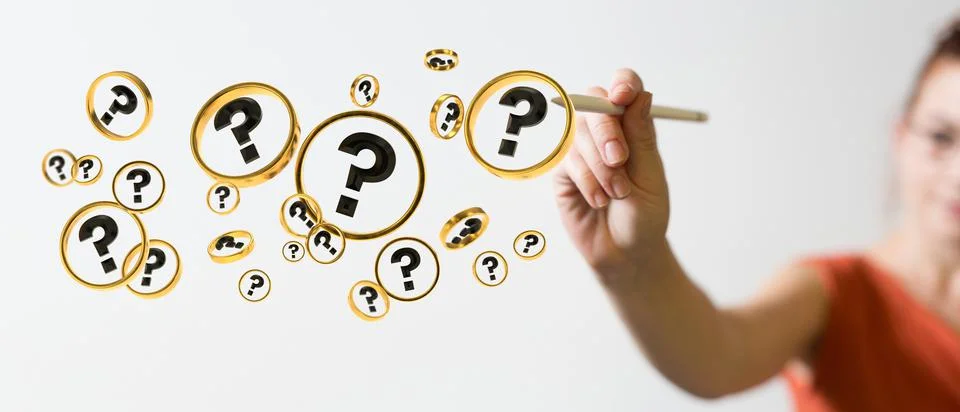 3D rendering  of a Businessman solving a problem with digital question marks Stock Photos