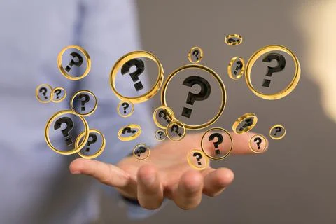 3D rendering  of a Businessman solving a problem with digital question marks Stock Photos