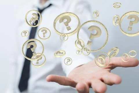 3D rendering  of a Businessman solving a problem with digital question marks Stock Photos