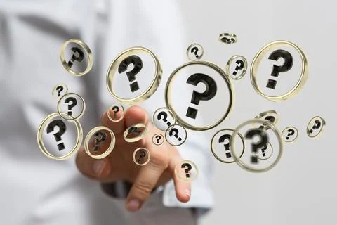 3D rendering  of a Businessman solving a problem with digital question marks Stock Photos