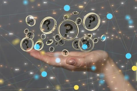 3D rendering  of a Businessman solving a problem with digital question marks Stock Photos