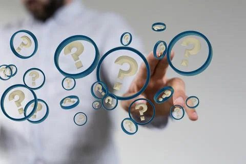 3D rendering  of a Businessman solving a problem with digital question marks Stock Photos