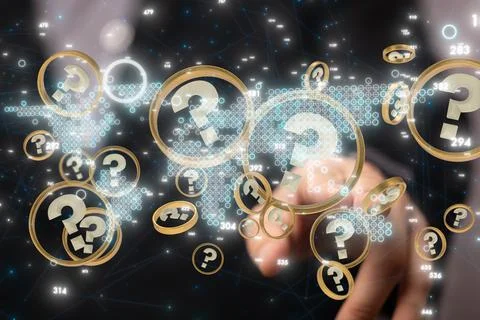 3D rendering  of a Businessman solving a problem with digital question marks Stock Photos