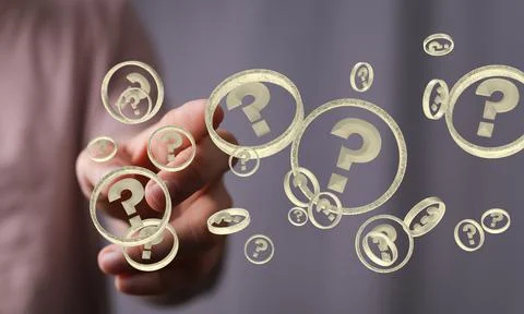 3D rendering  of a Businessman solving a problem with digital question marks Stock Photos