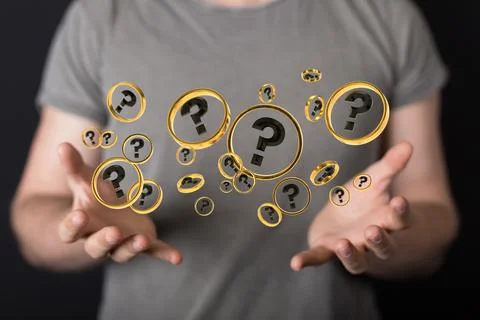 3D rendering  of a Businessman solving a problem with digital question marks Stock Photos