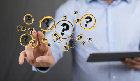 3D rendering  of a Businessman solving a problem with digital question marks Stock Photos