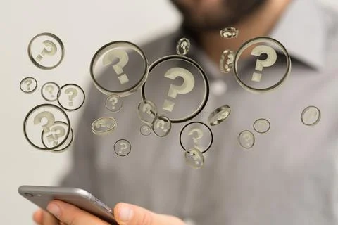 3D rendering  of a Businessman solving a problem with digital question marks Stock Photos