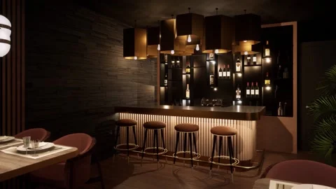 3d-rendering. Cafe-bar in a modern style with lighting in the bar counter. Stock Footage 228673922