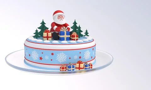 3D rendering. Cake with Santa Claus, Christmas trees, gift boxes, snowflakes Illustrazione stock