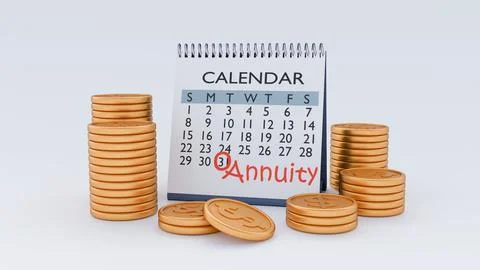 A 3d rendering of Calendar and Coins. The financial concept of an annuity. Illustration