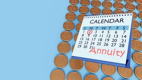 A 3d rendering of Calendar and Coins. The financial concept of an annuity. Illustration