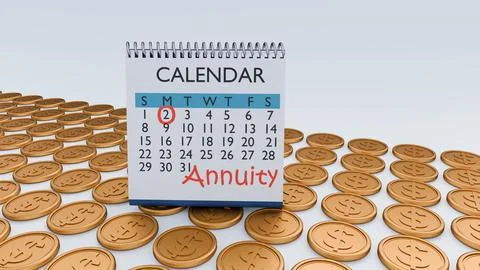 A 3d rendering of Calendar and Coins. The financial concept of an annuity. Illustration