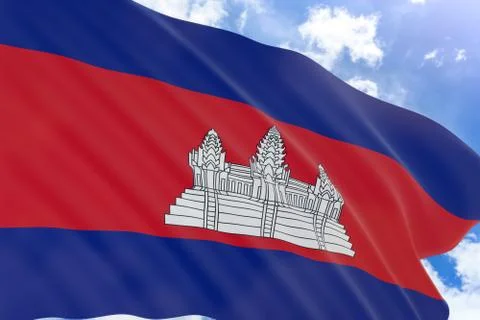 3D rendering of Cambodia flag waving on blue sky background Stock Photos