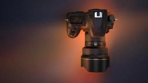 3D rendering of a camera on dark background Stock Illustration