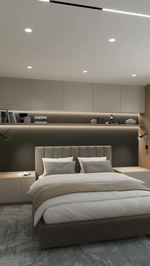3D rendering. The camera flies around the bedroom in a minimalist style. Stock Footage 273582945