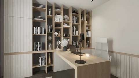 3D rendering. The camera flies around the workplace in a minimalist apartment Stock Footage 273582974