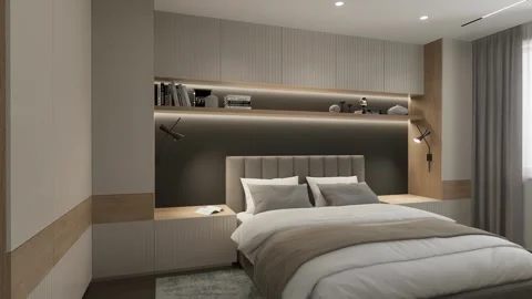 3D rendering. The camera flies around the bedroom in a minimalist style. Stock Footage 273582987