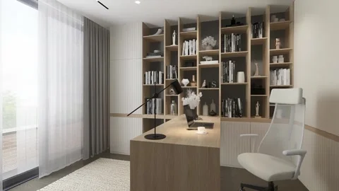 3D rendering. The camera flies around the workplace in a minimalist apartment Stock Footage 273582988