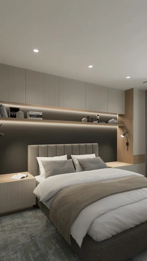 3D rendering. The camera flies around the bedroom in a minimalist style. Stock Footage 273583151
