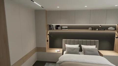 3D rendering. The camera flies around the bedroom in a minimalist style. Stock Footage 273583152