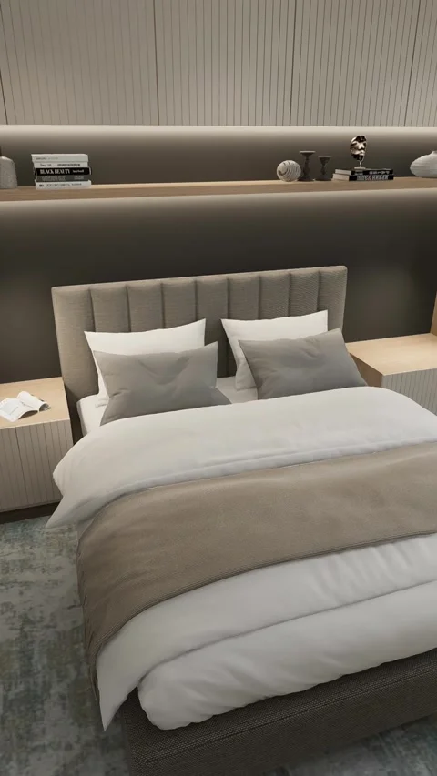 3D rendering. The camera flies around the bedroom in a minimalist style. Stock Footage 273583153