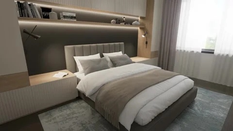 3D rendering. The camera flies around the bedroom in a minimalist style. Stock Footage 273583175